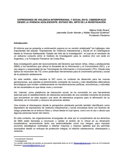 Expresiones de violencia interpersonal y social en el ciberespacio desde la vivencia adolescente: Estado del Arte de la investigación.